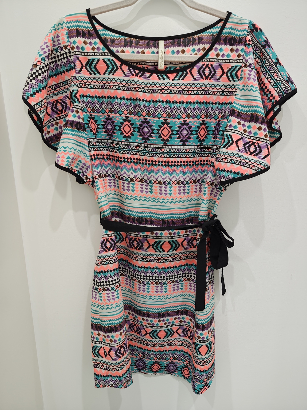 Stradivarius Colorful Aztec Print Flutter Sleeve Dress with Black Trim